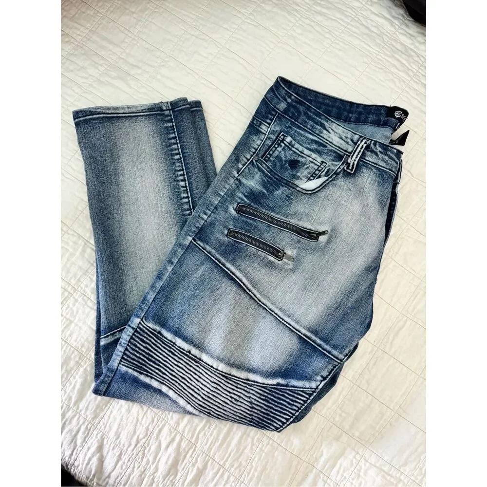 Rocawear Biker Jeans Mens 38 Blue Denim Streetwear Slim Fit Faded Skinny Leg y2k
